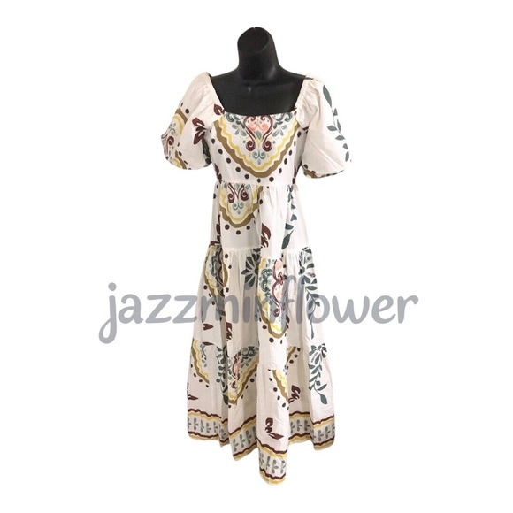 Gorgeous cream multi puff sleeve tiered maxi nap dress size small new - Picture 8 of 17